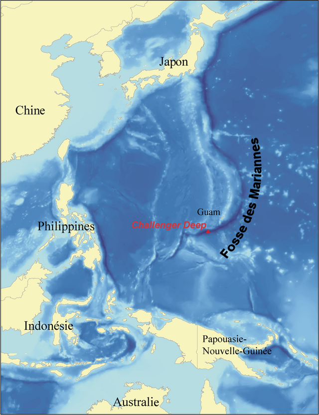 Représentation de la fosse des Mariannes sur une carte